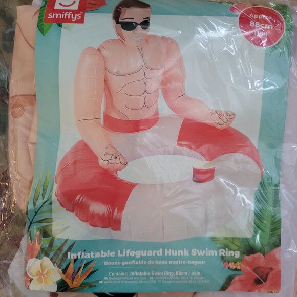 NIP! Inflatable Hunky Lifeguard Swim Ring w/ Cup Holder-Red/White-35" D - Picture 3 of 5